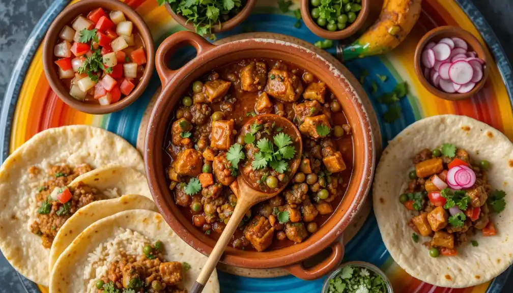 Overhead view of a colorful table setting featuring a central terracotta bowl filled with a rich stew, surrounded by small bowls of pico de gallo, peas, thinly sliced radishes, and fresh cilantro, along with soft tortillas, showcasing ingredients for a Mexican Discada Recipe.