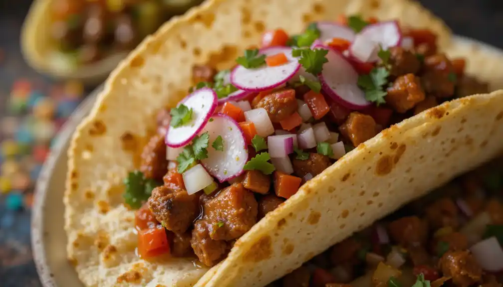 Close-up of a soft corn tortilla filled with a rich, reddish-brown beef stew, garnished with pico de gallo, fresh cilantro, and thinly sliced radishes.