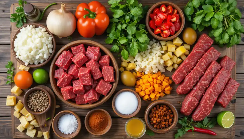 Overhead view of a wooden table displaying various ingredients including raw cubed beef, raw sliced beef, diced potatoes, chopped onions, whole tomatoes and bell pepper, a whole lime and green chilies, herbs, spices, and sauces, arranged in separate bowls for a cooking recipe.