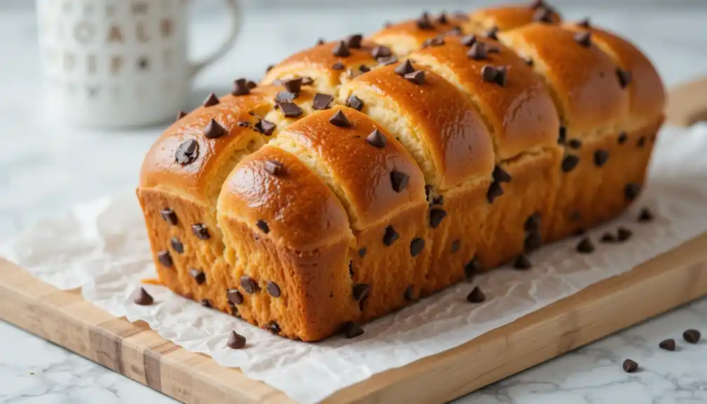 Close-up of a whole, freshly baked Braided Chocolate Chip Brioche Recipe loaf on a wooden cutting board with parchment paper, and a blurred white mug in the background.