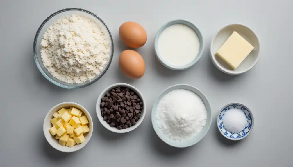 
Overhead view of a light gray surface displaying a collection of baking ingredients in separate bowls including flour, eggs, milk, butter, chocolate chips, sugar, and salt, all set for making a Braided Chocolate Chip Brioche Recipe.