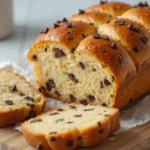 Close-up of a chocolate chip brioche loaf on a wooden cutting board with two slices cut from the loaf, showing the interior. A white mug is blurred on the background.