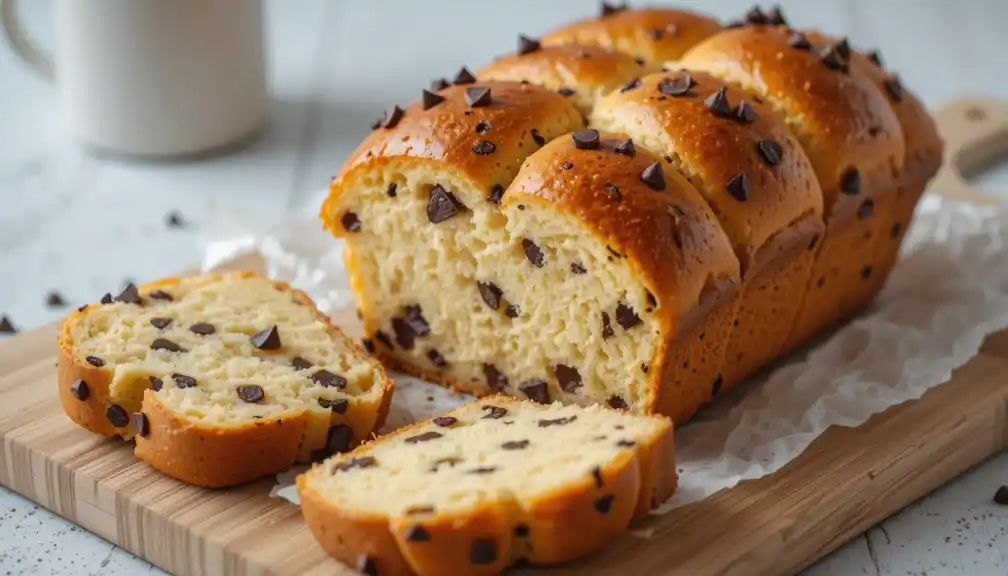 Close-up of a chocolate chip brioche loaf on a wooden cutting board with two slices cut from the loaf, showing the interior. A white mug is blurred on the background.