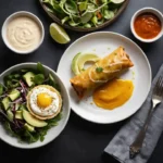 Overhead view of a baked egg roll on a white plate, accompanied by a side salad with sliced avocado, a light-colored dipping sauce, a small bowl of amber sauce, and a lime wedge.