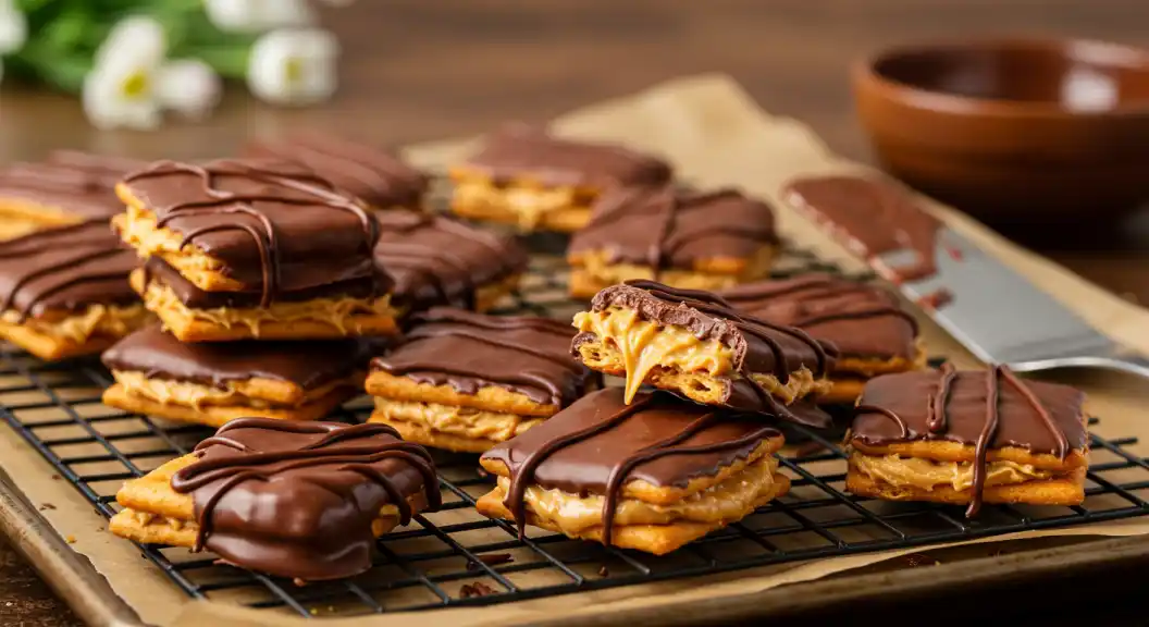 Homemade Cheez-It peanut butter and chocolate snacks cooling on a black wire baking rack, with a glossy chocolate coating and creamy peanut butter filling