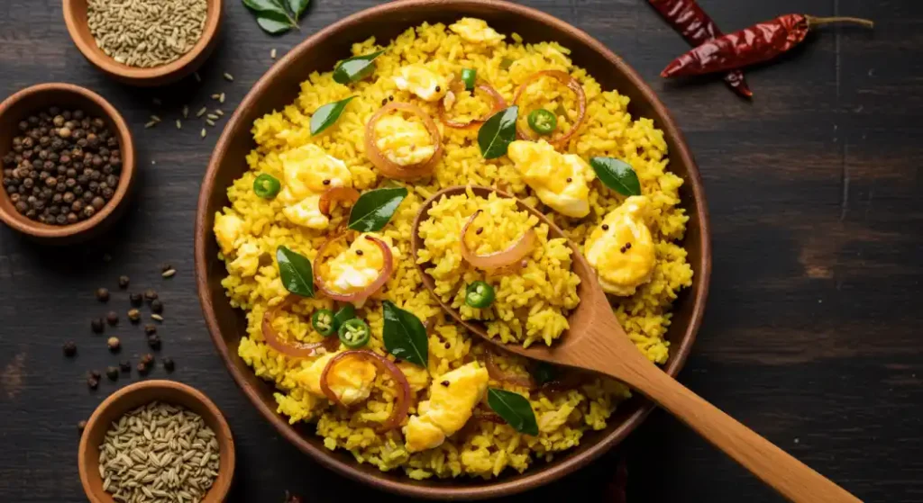 Anjappar Style Egg Fried Rice Recipe, a top-down view of yellow rice with egg and onions in a brown bowl, surrounded by spices.