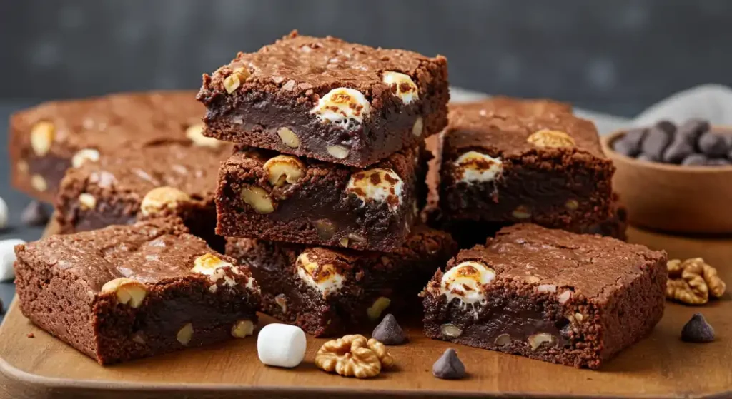 Close-up photograph of a stack of chocolate brownies, with nuts and marshmallows on top, displayed on a wooden board, representing heavenly hash brownies.