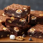 Close-up photograph of a stack of chocolate brownies, with nuts and marshmallows on top, displayed on a wooden board, representing heavenly hash brownies.