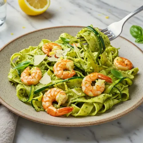 pesto langostino zucchini and pasta recipes: Close-up shot of a person using a fork to lift a portion of pasta, showing the pasta with pesto sauce, shrimp, zucchini and parmesan shavings. A glass of lemon water is in the background