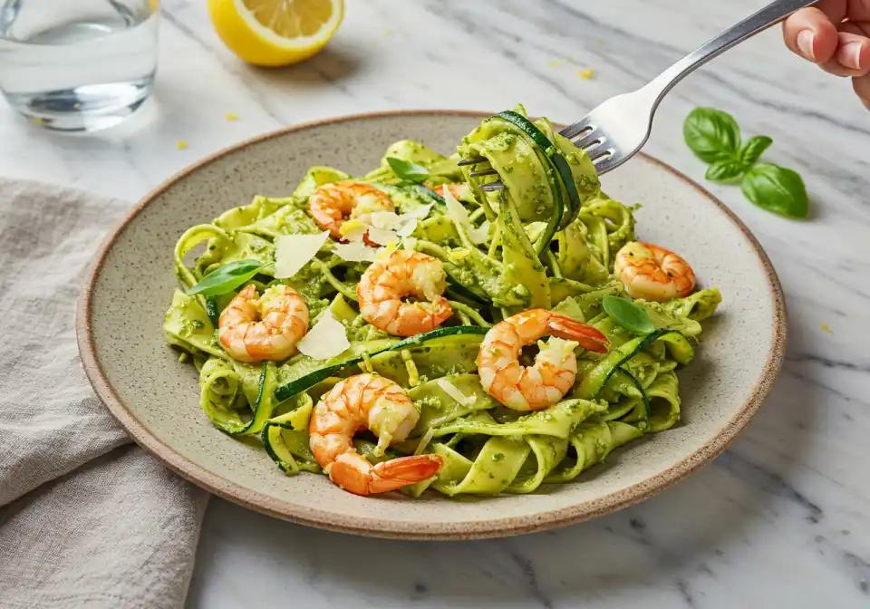 pesto langostino zucchini and pasta recipes: Close-up shot of a person using a fork to lift a portion of pasta, showing the pasta with pesto sauce, shrimp, zucchini and parmesan shavings. A glass of lemon water is in the background