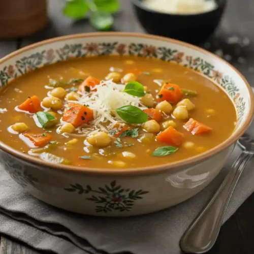 Chopt Soup recipe: A close-up, slightly angled view of a bowl of chickpea and vegetable soup with parmesan and basil garnish, placed on a rustic wooden table with a gray napkin.