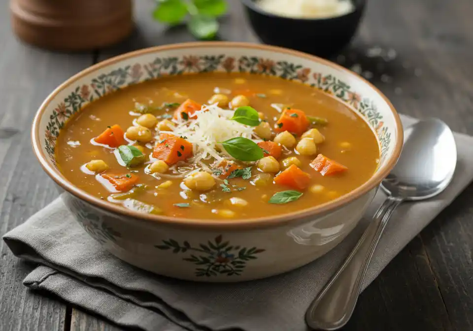 Chopt Soup recipe: A close-up, slightly angled view of a bowl of chickpea and vegetable soup with parmesan and basil garnish, placed on a rustic wooden table with a gray napkin.