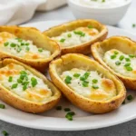 Cottage Cheese Recipe for Air Fryer Baked Potato Skins: A close-up overhead shot of five baked potato skins filled with a creamy cottage cheese mixture and garnished with chives, arranged on a white plate.