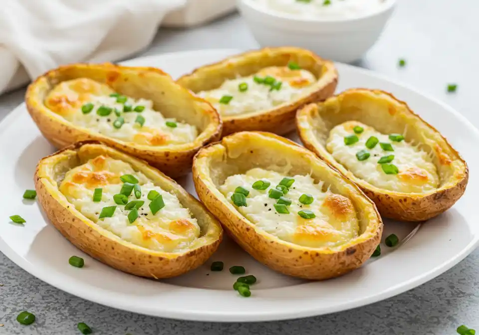 Cottage Cheese Recipe for Air Fryer Baked Potato Skins: A close-up overhead shot of five baked potato skins filled with a creamy cottage cheese mixture and garnished with chives, arranged on a white plate.