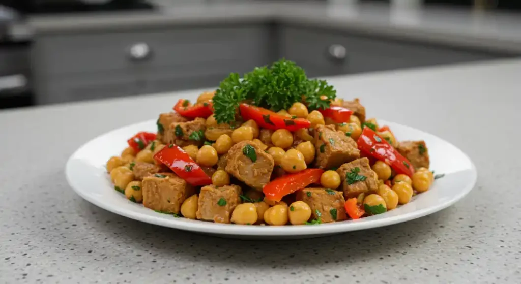 Terra Massoud Recipe: This plate presents a tofu and chickpea dish on a smooth gray surface.