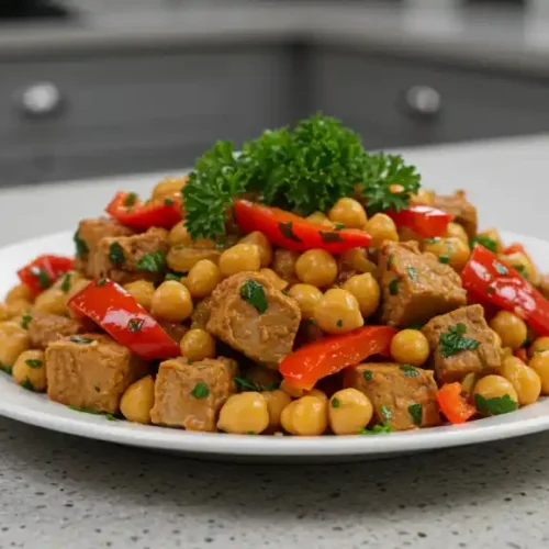 Terra Massoud Recipe: This plate presents a tofu and chickpea dish on a smooth gray surface.