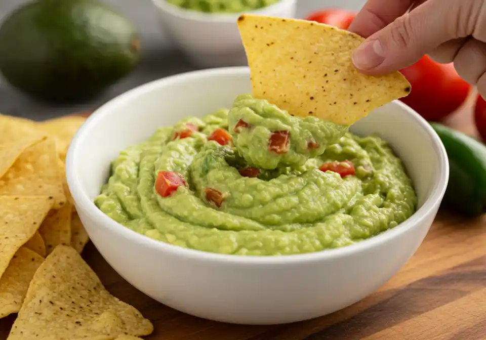  2-Ingredient Guacamole Recipe: A hand dips a chip into a white bowl with a serving of guacamole with some ingredients nearby in blurred background.