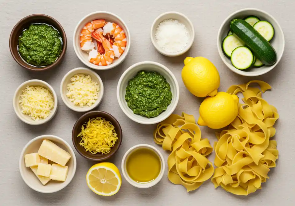 pesto langostino zucchini and pasta recipes: Overhead shot of a collection of ingredients in small bowls: pesto, shrimp, zucchini, parmesan, lemon, olive oil, and pasta arranged on a light background.