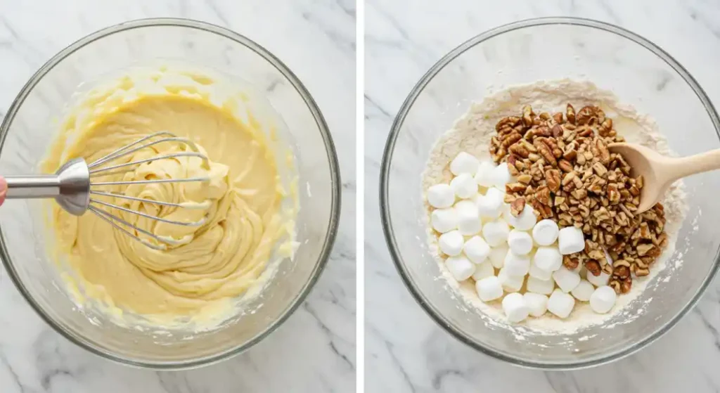 Two-panel overhead view showing the steps of preparing batter for heavenly hash brownies, with a whisk mixing a light yellow batter and a wooden spoon adding marshmallows and chopped pecans to a bowl with flour.