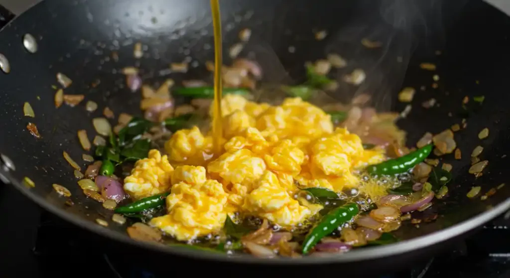 Anjappar Style Egg Fried Rice Recipe: A close-up view of scrambled eggs being added to a pan with sauteed onions, green chilies, and curry leaves.