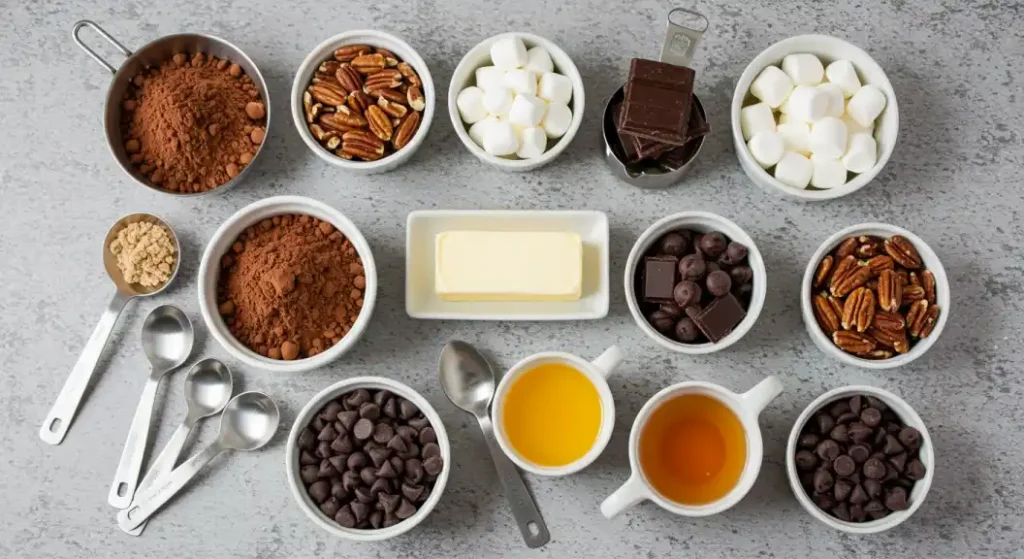 Overhead view of a variety of baking ingredients on a light gray surface, including cocoa powder, pecans, marshmallows, butter, honey, chocolate chips, and brown sugar, all components of a heavenly hash brownies recipe.