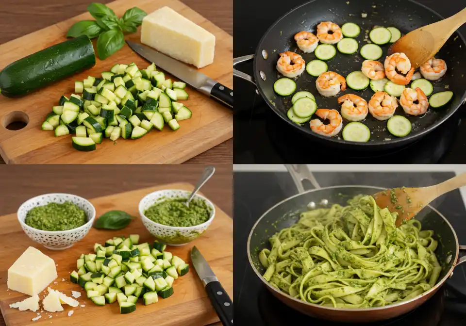 pesto langostino zucchini and pasta recipes: A four-panel image showing the different stages of preparing the pasta dish; chopping zucchini and cheese, cooking zucchini and shrimp, mixing pesto with pasta