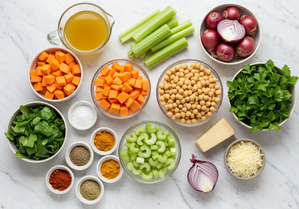  Chopt Soup recipe: An organized overhead view of the fresh ingredients for the soup including, vegetables, legumes, fresh herbs, broth, and spices, all laid out on a light colored marble surface.