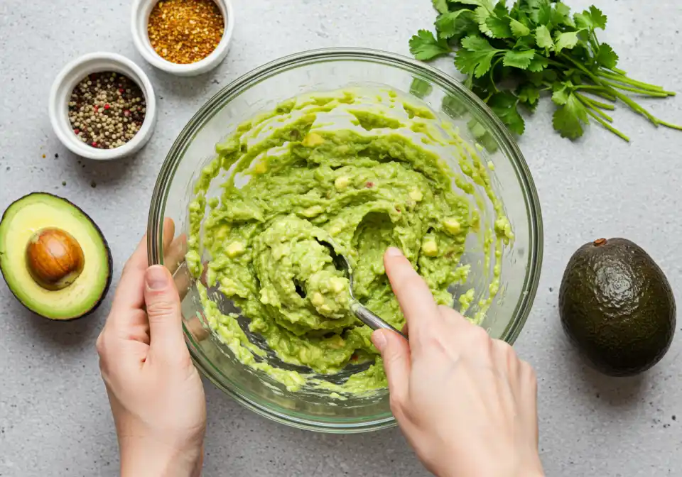 2-Ingredient Guacamole Recipe: A image that shows the process to do a new and simple recipe with your hands.