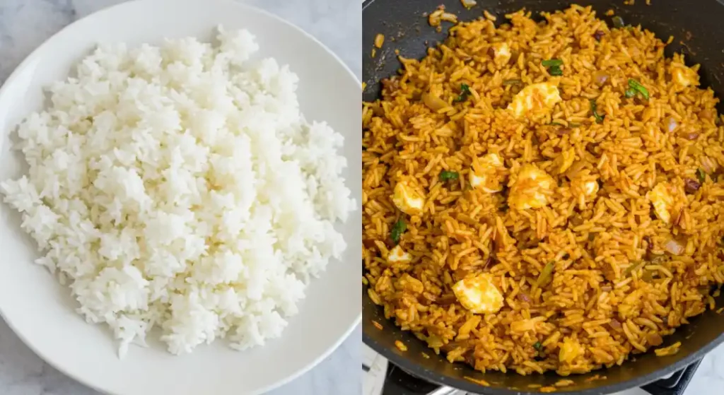 njappar Style Egg Fried Rice Recipe: A comparison shot showing a plate of cooked white rice alongside a pan of the finished, seasoned egg fried rice.