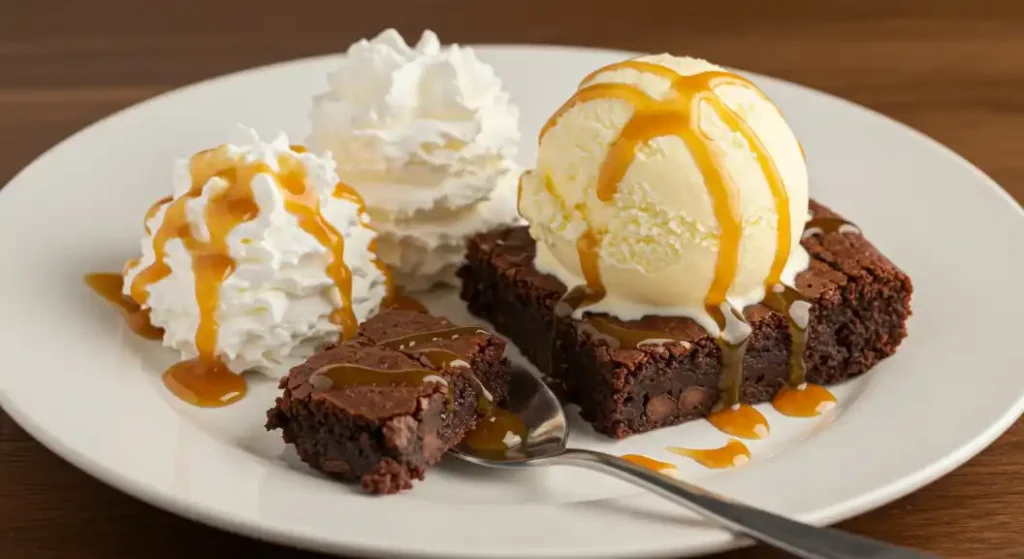 Close-up of a white plate with several pieces of chocolate brownies, topped with whipped cream and a scoop of vanilla ice cream, drizzled with caramel, showcasing a heavenly hash brownies dessert.