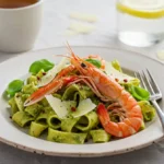 pesto langostino zucchini and pasta recipes: Close-up of a plate of pasta with pesto sauce, topped with a whole langostino, parmesan cheese shavings, and fresh basil leaves. A cup of tea and a glass of lemon water are in the background