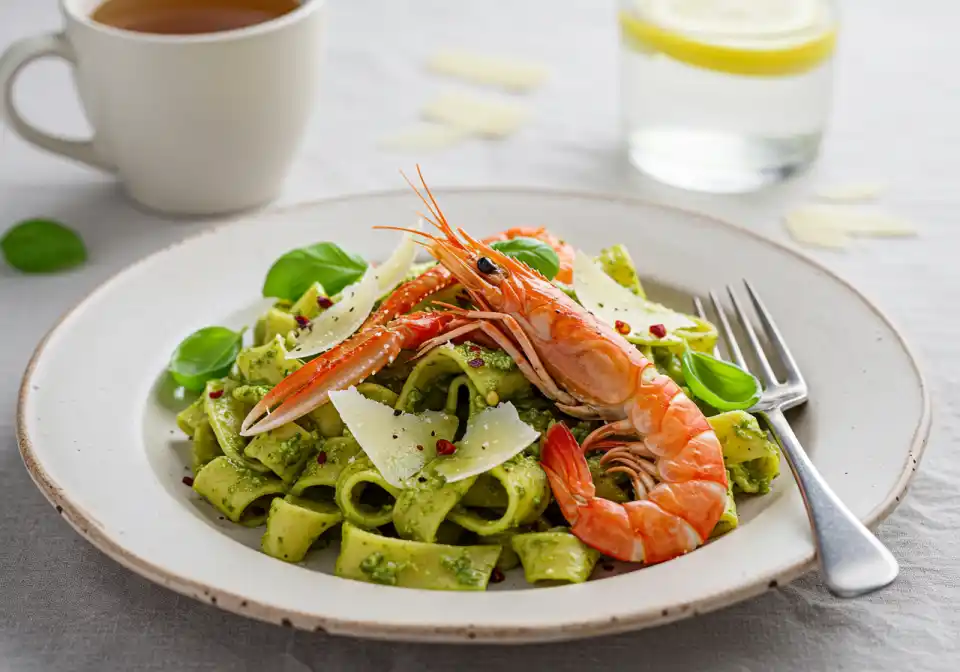 pesto langostino zucchini and pasta recipes: Close-up of a plate of pasta with pesto sauce, topped with a whole langostino, parmesan cheese shavings, and fresh basil leaves. A cup of tea and a glass of lemon water are in the background