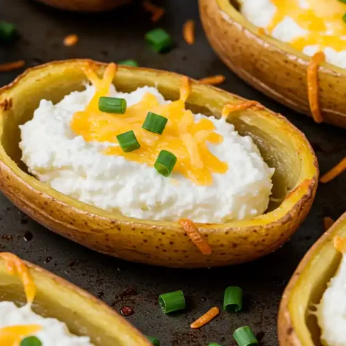 Cottage Cheese Recipe for Air Fryer Baked Potato Skins: A close-up overhead shot of a few cottage cheese filled baked potato skins with cheddar cheese and chives on a dark cooking surface.