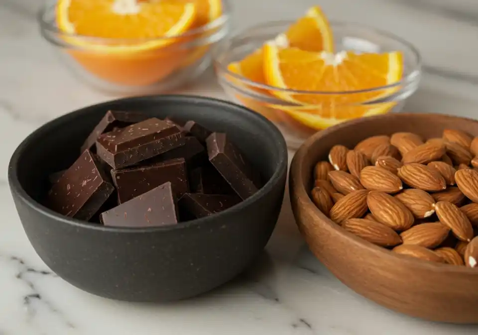 Prolific Oven Chocolate Orange Almond Cake Recipe: A close-up shot of bowls containing dark chocolate chunks, whole almonds, and orange slices, set on a marble surface.