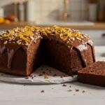 Prolific Oven Chocolate Orange Almond Cake Recipe: Image of the finished chocolate cake with a chocolate glaze and almond sprinkles and orange zest.