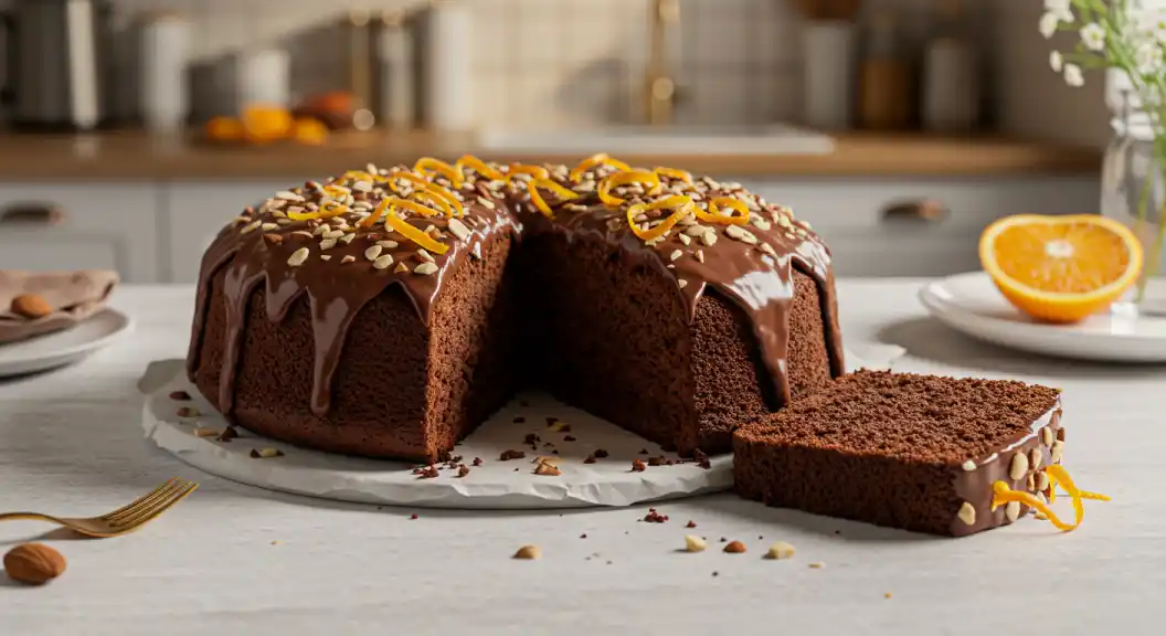 Prolific Oven Chocolate Orange Almond Cake Recipe: Image of the finished chocolate cake with a chocolate glaze and almond sprinkles and orange zest.