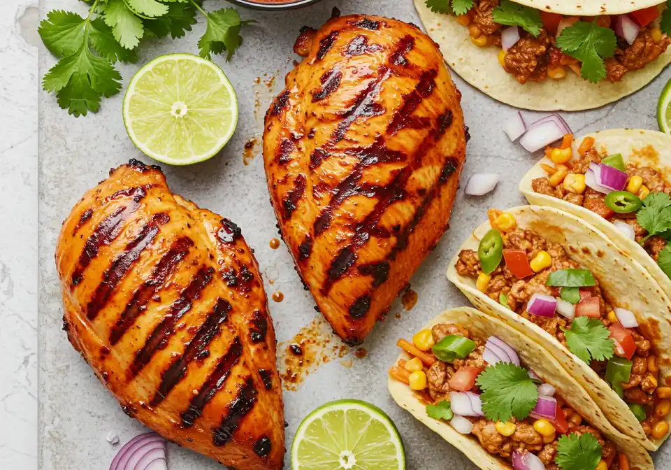 san antonio red grilled mexican chicken marinade recipe: Close-up of two grilled chicken breasts next to fresh tacos.