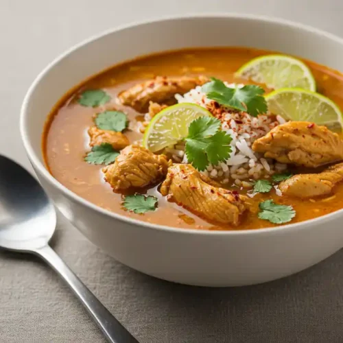 chopt spicy chicken soup recipe with rice: A close-up of a bowl of spicy chicken soup with rice garnished with fresh cilantro and lime.