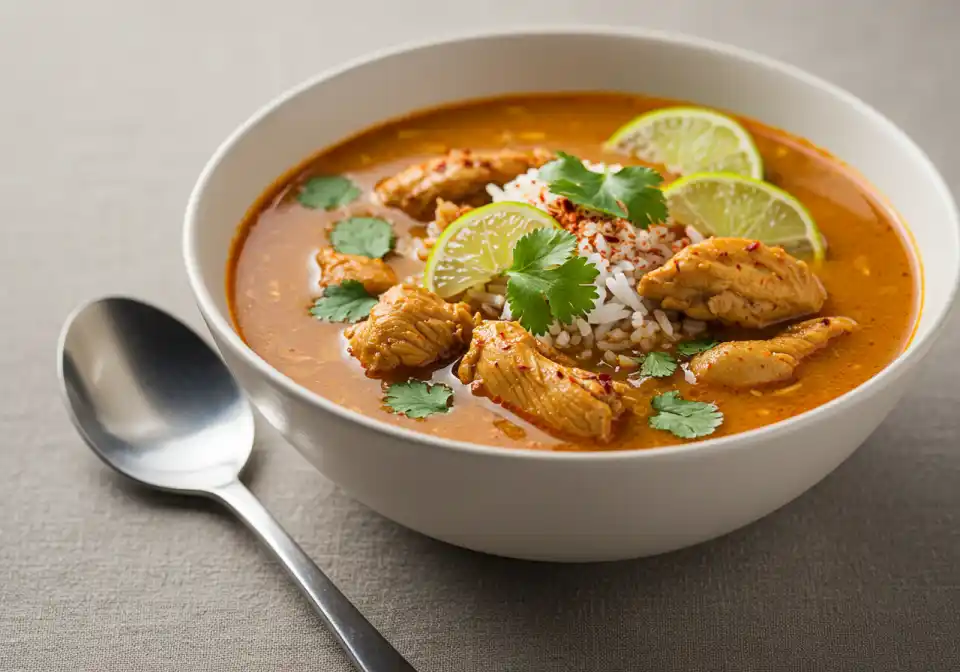 chopt spicy chicken soup recipe with rice: A close-up of a bowl of spicy chicken soup with rice garnished with fresh cilantro and lime.