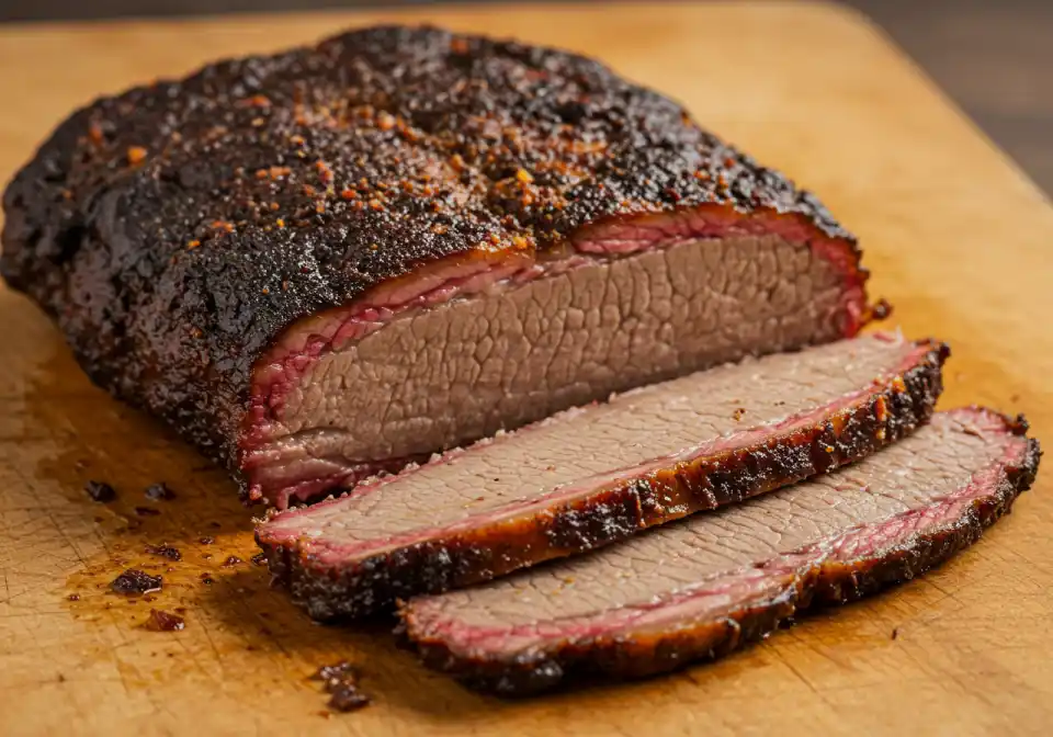 beef bouillon powder for brisket recipe: Close-up of a sliced beef brisket on a wooden board.