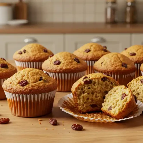 gaps raisin muffins recipe: Numerous tasty raisin muffins, one broken open for a peek at the inside, spread out on a wooden surface with kitchen background