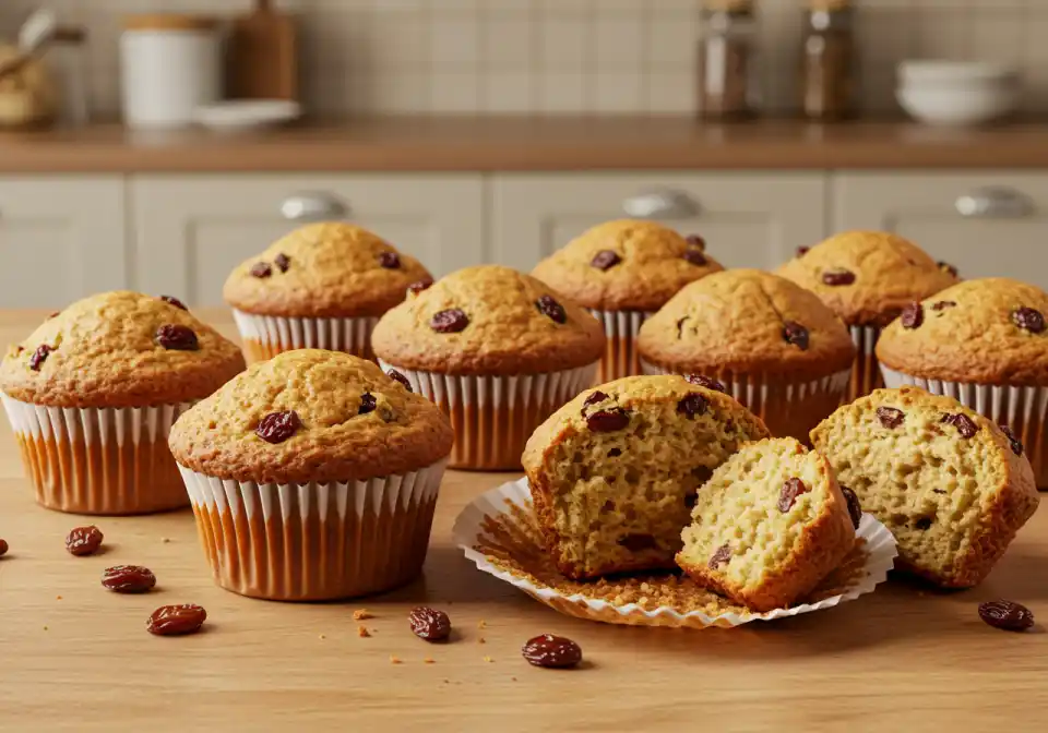 gaps raisin muffins recipe: Numerous tasty raisin muffins, one broken open for a peek at the inside, spread out on a wooden surface with kitchen background