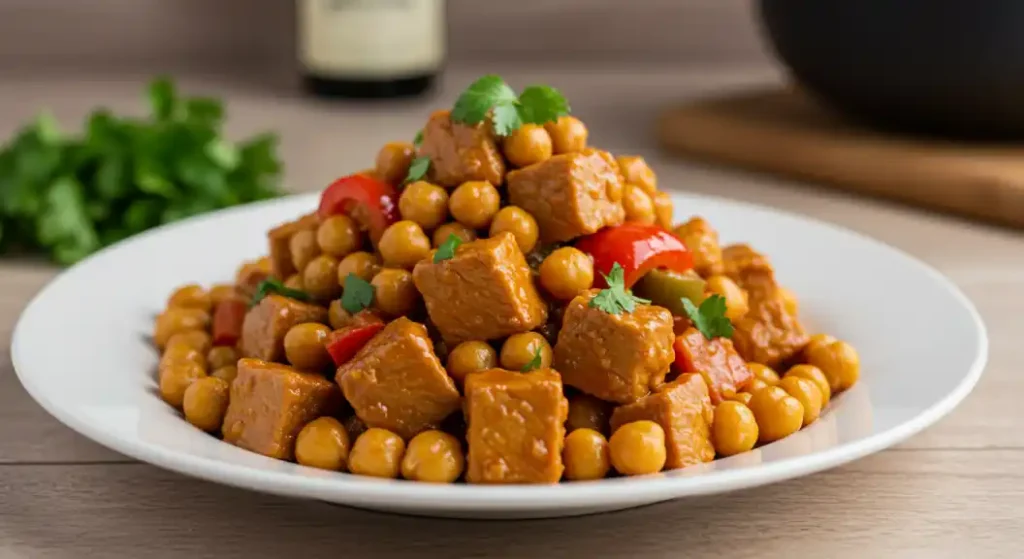 Terra Massoud Recipe: This image shows a beautifully plated meal consisting of cubed seitan, chickpeas, and red pepper on a wooden background.