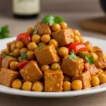 Terra Massoud Recipe: This image shows a beautifully plated meal consisting of cubed seitan, chickpeas, and red pepper on a wooden background.