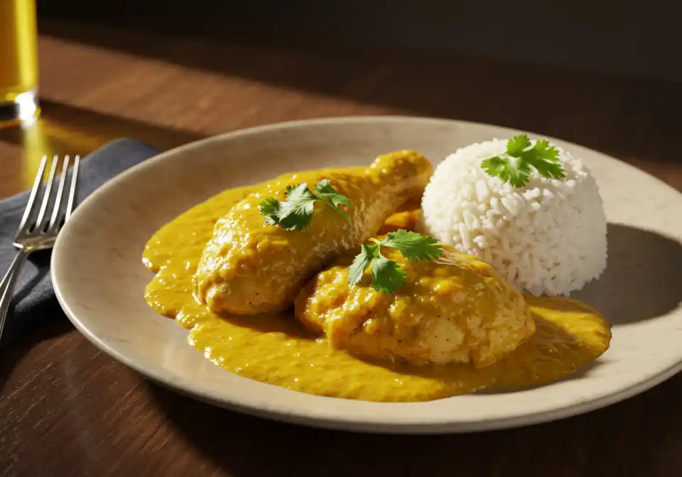 Churu Chicken Amarillo: A beautifully plated dish featuring two chicken drumsticks covered in a rich, golden amarillo sauce, accompanied by a scoop of fluffy white rice.