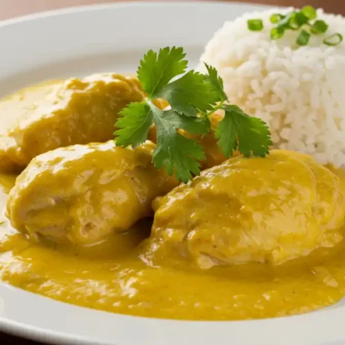 Churu Chicken Amarillo: An overhead shot of two chicken thighs next to a cup of rice, garnished with cilantro.