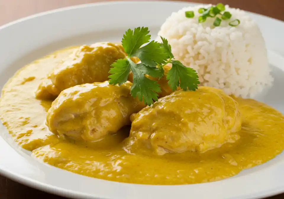  Churu Chicken Amarillo: An overhead shot of two chicken thighs next to a cup of rice, garnished with cilantro.