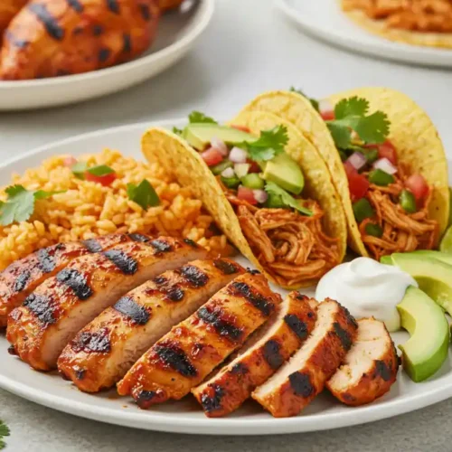 san antonio red grilled mexican chicken marinade recipe: A plate of grilled chicken, red rice, sliced avocado and some fresh tacos.