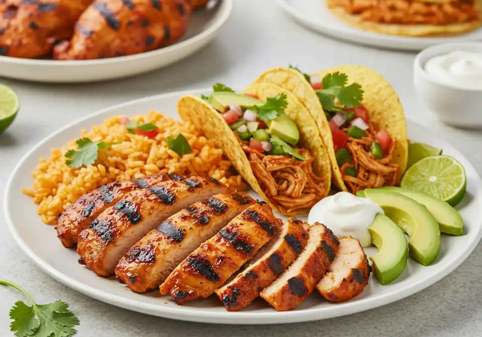 san antonio red grilled mexican chicken marinade recipe: A plate of grilled chicken, red rice, sliced avocado and some fresh tacos.