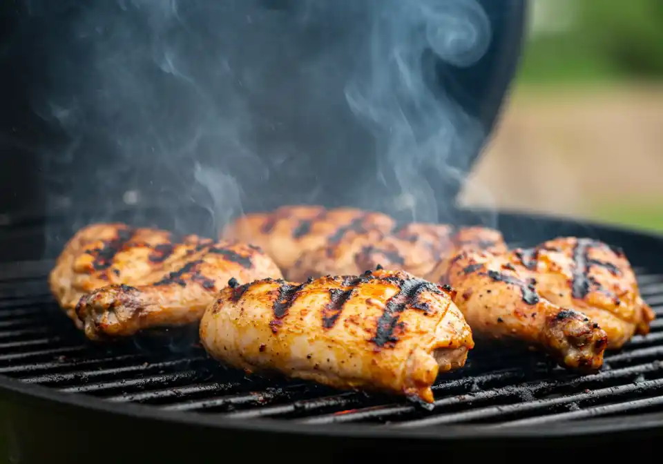 san antonio red grilled mexican chicken marinade recipe: Fresh grilled chicken on a bbq is steaming with smoke.